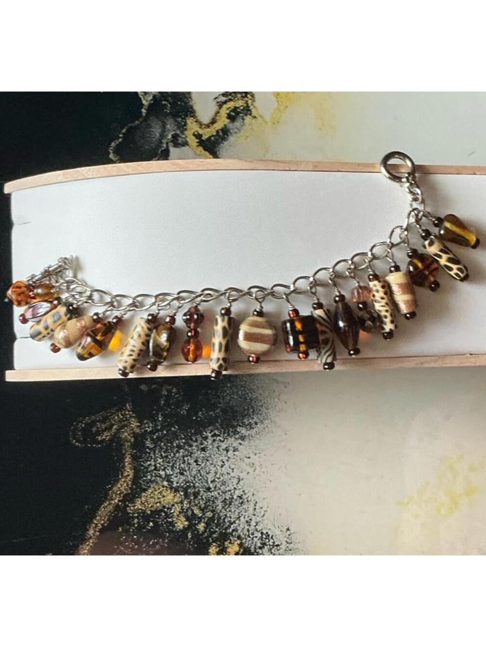 Charm Bracelet w/ Nature Big Cat Zebra Cha Cha Glass & Clay Animal Bead Silver